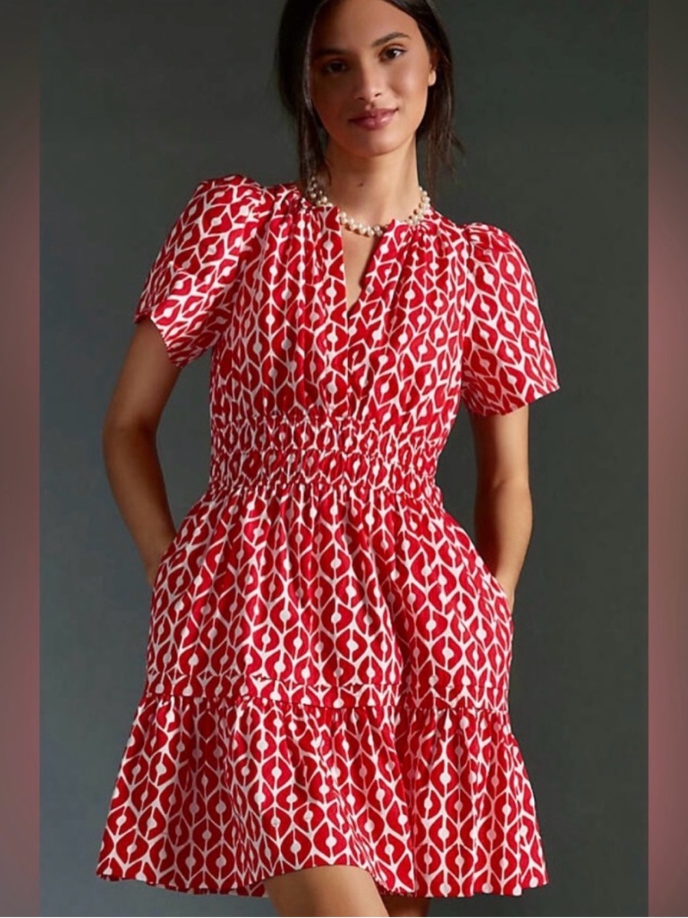 Red Printed Short Sleeve Smocked Waist Dress
